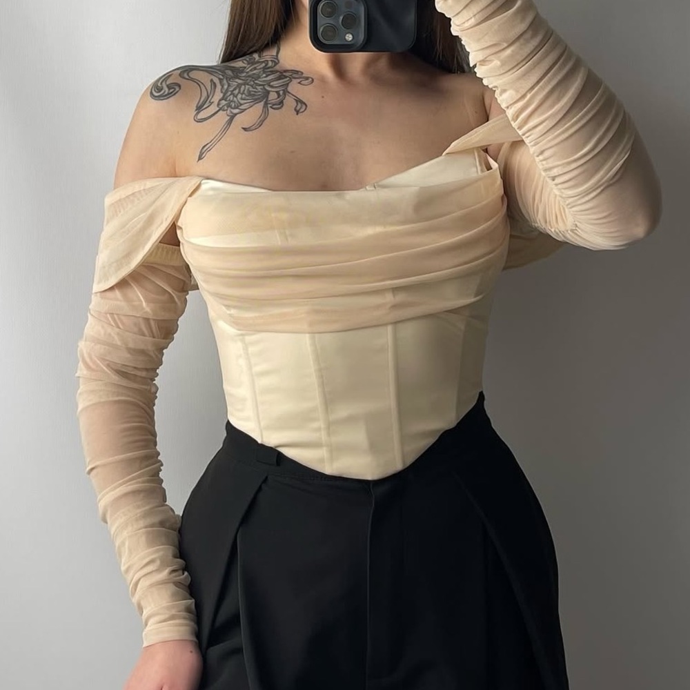 Oh Polly show it off mesh Bardot crop top in sand